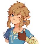  2018 blonde_hair blue_eyes breath_of_the_wild clothing ear_piercing ear_ring fingerless_gloves gloves hair handwear humanoid humanoid_pointy_ears hylian link lulles male nintendo not_furry one_eye_closed piercing ponytail signature simple_background smile solo the_legend_of_zelda video_games wink 