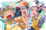  1boy 1girl arm_up baseball_cap blue_eyes blush cable camera closed_eyes collarbone fangs gen_1_pokemon green_eyes hat holding holding_camera id_card james_(pokemon) jessie_(pokemon) lipstick long_hair makeup meowth open_mouth orange_headwear pokemon pokemon_(anime) pokemon_(creature) pokemon_xy_(anime) purple_hair short_sleeves team_rocket tongue v-shaped_eyebrows zattape 