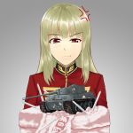  1girl anger_vein artist_request birthday_cake blonde_hair breasts cake candle caterpillar_tracks character_request commentary_request food grey_background ground_vehicle gun gundam long_hair looking_down machine_gun military military_uniform military_vehicle motor_vehicle red_eyes sweatdrop tank tiger_i translation_request uniform weapon 
