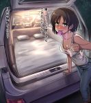  1girl bed_sheet beiske_(de_skb3) blush breasts cleavage condom condom_in_mouth condom_wrapper denim ground_vehicle hand_gesture handjob_gesture harada_miyo heart heart-shaped_pupils highres idolmaster idolmaster_cinderella_girls jeans motor_vehicle mouth_hold night outdoors pants pillow pubic_hair smile solo symbol-shaped_pupils tank_top text_focus translated van vehicle_focus vehicle_interior 