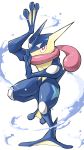  arm_up commentary_request full_body gen_6_pokemon greninja hand_up highres mon!_(monmonlezard) no_humans pink_eyes pokemon pokemon_(creature) tongue tongue_scarf water 