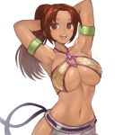  1girl armband armpits arms_behind_head arms_up bangs bare_shoulders blush brazilian breasts brown_eyes brown_hair christie_monteiro cleavage collarbone halter_top halterneck highres large_breasts long_hair looking_at_viewer navel open_mouth parted_bangs ponytail simple_background smile sookmo tekken tekken_5 underboob white_background 