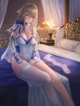  1girl absurdres asymmetrical_legwear azur_lane bed bedside blue_bow bow breasts city_lights cityscape cleavage dress elbow_gloves fingerless_gloves gloves grey_hair highres lamp large_breasts long_hair mole mole_under_eye pillow red_eyes saint-louis_(azur_lane) saint-louis_(brilliant_paladin)_(azur_lane) single_thighhigh skyline thighhigh_removed thighhighs white_dress white_legwear window you_(yoyou) 