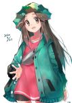  1girl bike_shorts brown_hair buttons camouflage_headwear coat collarbone commentary_request dated e-co green_coat hat leaf_(pokemon) long_hair long_sleeves looking_at_viewer looking_down open_clothes open_coat open_mouth pokemon pokemon_(game) pokemon_masters_ex shiny sidelocks simple_background solo spread_fingers teeth tongue white_background yellow_eyes 