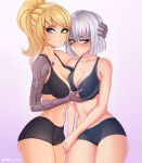  2girls asymmetrical_docking black_bra blonde_hair blue_bra blue_eyes blush bra breast_press breasts closed_mouth commentary commission copyright_request cowboy_shot embarrassed english_commentary facial_tattoo green_eyes grey_eyes grey_hair groping gym_shorts hand_up heterochromia highres large_breasts long_hair looking_at_viewer mechanical_arm multiple_girls navel ponytail shellvi short_hair shorts smile sports_bra tattoo underwear yuri 