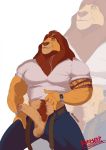  anthro balls bottomwear burrserk clothed clothing disney erection felid genitals hi_res humanoid_genitalia humanoid_penis lion male mammal mufasa open_bottomwear open_clothing open_pants pantherine pants penis solo tattoo the_lion_king 