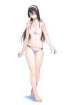  1girl aqua_eyes bare_arms bare_legs bare_shoulders barefoot bikini black_hair closed_mouth collarbone full_body glasses groin hair_between_eyes hairband highres kantai_collection long_hair navel ooyodo_(kantai_collection) simple_background smile solo standing swimsuit white_background white_bikini white_hairband yuuji_(and) 