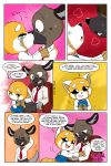  2018 2:3 4_fingers absurd_res aggressive_retsuko ailurid anthro blush bodily_fluids breath brown_body brown_fur comic dialogue duo english_text eyes_closed female fingers fur green_eyes haida hi_res hug hyaenid joaoppereiraus kissing looking_aside male mammal open_mouth orange_body orange_fur panting red_panda retsuko sanrio smile spotted_hyena surprise sweat tears text wide_eyed 