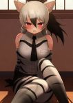  1girl aardwolf_(kemono_friends) aardwolf_ears aardwolf_print absurdres bangs bare_shoulders black_hair black_neckwear black_shorts commentary_request deku_suke elbow_gloves eyebrows_visible_through_hair gloves hair_between_eyes highres kemono_friends legwear_under_shorts long_hair looking_at_viewer multicolored_hair necktie on_floor open_mouth pantyhose ponytail print_gloves print_legwear print_shirt red_eyes shirt short_shorts shorts sitting sleeveless sleeveless_shirt solo tearing_up two-tone_hair white_hair wooden_floor 