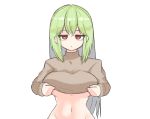  1girl :/ a-87_banshee angleworld bangs breasts clothes_lift crossed_bangs expressionless jitome large_breasts last_origin light_green_hair navel red_eyes simple_background solo sweater sweater_lift turtleneck turtleneck_sweater underboob white_background wide_hips 