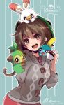  1girl bangs blush brown_eyes brown_hair buttons cardigan collared_dress commentary_request copyright_name dress gen_8_pokemon gloria_(pokemon) green_headwear grey_cardigan grookey hat herunia_kokuoji holding holding_poke_ball hooded_cardigan looking_at_viewer on_head on_shoulder open_mouth pink_dress poke_ball poke_ball_(basic) pokemon pokemon_(creature) pokemon_(game) pokemon_on_arm pokemon_on_head pokemon_on_shoulder pokemon_swsh scorbunny short_hair smile sobble tam_o&#039;_shanter teeth tongue 