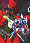  00_qan[t] close-up floating green_eyes gundam gundam_00 gundam_build_fighters gundam_exia gundam_unicorn highres holding holding_sword holding_weapon kuzutetsu mecha no_humans one-eyed redesign sample sinanju sword v-fin watermark weapon 