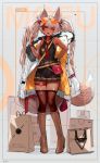 1girl ;d absurdres animal_ear_fluff animal_ears bag bare_shoulders belt black_dress boots candy collar commentary dark_skin dress ehrrr english_commentary eyebrows_visible_through_hair food fox_ears fox_girl fox_tail full_body hand_on_hip hand_up high_heel_boots high_heels highres knee_boots knees_together_feet_apart lollipop long_hair looking_at_viewer necktie one_eye_closed open_mouth orange-tinted_eyewear orange_eyes original paper_bag pleated_dress red_collar red_neckwear shoulder_bag sleeveless sleeveless_dress slit_pupils smile solo tail thigh_strap thighhighs twintails v white_hair wristband 