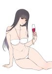  1girl ban!_(bansankan) bangle bangs bare_shoulders bikini black_hair blunt_bangs bracelet breasts brown_eyes cleavage cup drinking_glass feet_out_of_frame girls_und_panzer hair_over_shoulder halterneck hime_cut holding holding_cup jewelry large_breasts long_hair looking_at_viewer mature navel nishizumi_shiho simple_background sitting smile solo straight_hair swimsuit thighs underboob white_background white_bikini yokozuwari 