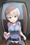  1girl absurdres apartment blue_eyes blue_hair blush bra breasts crying door fang grey_hair highres hmax large_breasts looking_at_viewer open_clothes open_door open_mouth rain sad see-through shirt short_hair shorts solo standing tearing_up tears thighhighs underwear uzaki-chan_wa_asobitai! uzaki_hana wet wet_clothes wet_hair wet_shirt 