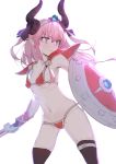  1girl absurdres armor bikini_armor black_horns black_legwear breasts elizabeth_bathory_(brave)_(fate) elizabeth_bathory_(fate)_(all) eyebrows_visible_through_hair fate/grand_order fate_(series) hair_between_eyes highres holding holding_sword holding_weapon horns long_hair looking_away looking_to_the_side loose_bikini navel no_tail otomo pink_hair pointy_ears red_armor shield simple_background small_breasts solo stomach sword thighhighs thighs weapon white_background 