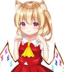  1girl animal_ear_fluff animal_ears arms_up blush cat_ears commentary cravat error eyebrows_visible_through_hair flandre_scarlet hair_between_eyes highres kemonomimi_mode looking_at_viewer no_headwear nyanyanoruru paw_pose puffy_short_sleeves puffy_sleeves red_eyes red_skirt red_vest shiny shiny_hair shirt short_sleeves simple_background skirt solo standing touhou upper_body vest white_background white_shirt wings yellow_neckwear 