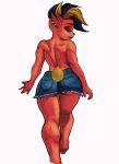  activision anthro aozee athletic athletic_anthro athletic_female bandicoot bottomwear clothed clothing crash_bandicoot_(series) cutoffs denim denim_clothing ear_piercing female hair half-closed_eyes looking_back mammal marsupial narrowed_eyes partially_clothed piercing pirate_tawna shorts solo tawna_bandicoot topless video_games walking wide_hips 