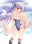  1girl absurdres bangs bare_shoulders blue_bow blue_ribbon blue_swimsuit bow breasts closed_mouth collarbone commentary_request covered_navel eyebrows_visible_through_hair fate/grand_order fate_(series) highleg highleg_swimsuit highres long_hair looking_at_viewer meltryllis meltryllis_(swimsuit_lancer)_(fate) off_shoulder otomo purple_hair ribbon simple_background sleeves_past_fingers sleeves_past_wrists small_breasts solo sparkle standing strapless strapless_swimsuit swimsuit thighhighs thighs tied_hair very_long_sleeves 