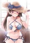  1girl absurdres bikini black_hair blue_bikini blush breasts choukai_(kantai_collection) collarbone cowboy_shot eyebrows_visible_through_hair front-tie_bikini front-tie_top glasses groin hat highres kantai_collection large_breasts long_hair looking_at_viewer navel red_eyes rimless_eyewear side-tie_bikini smile solo swimsuit yunamaro 