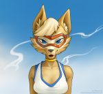  2018 anthro black_nose blue_clothing blue_eyes blue_pupils blue_shirt blue_topwear breasts brown_ears bust_portrait canid canine canis cheek_tuft clothing collar collarbone crossgender digital_drawing_(artwork) digital_media_(artwork) eyewear facial_markings facial_tuft female fifa front_view fur goggles gradient_background head_markings head_tuft hi_res inner_ear_fluff iris looking_at_viewer mammal markings mascot mask_(marking) medium_breasts monotone_body monotone_fur mtf_crossgender multicolored_clothing multicolored_shirt multicolored_topwear open_mouth open_smile portrait prick_ears pupils shirt signature simple_background smile smoke snout solo tan_body tan_fur tank_top text tommy-tan topwear tuft two_tone_clothing two_tone_shirt two_tone_topwear url white_clothing white_shirt white_topwear wolf zabivaka 