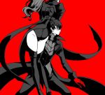  1boy 1girl amamiya_ren ass black_coat black_footwear black_hair black_leotard boots coat coattails floating_hair gloves grey_hair hand_on_hip highres igusaharu leotard long_hair long_sleeves looking_to_the_side mask persona persona_5 persona_5_the_royal ponytail red_background red_gloves standing thigh_boots thighhighs thighs yoshizawa_kasumi 