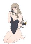  1girl ban!_(bansankan) bangs bare_shoulders barefoot black_gloves black_ribbon black_swimsuit breasts brown_eyes cleavage covered_navel criss-cross_halter cup drinking_glass finger_in_mouth full_body girls_und_panzer gloves hair_ribbon halterneck holding holding_cup large_breasts long_hair looking_at_viewer low-tied_long_hair mature navel one-piece_swimsuit removing_glove ribbon seiza shimada_chiyo simple_background sitting solo swept_bangs swimsuit thighs white_background 