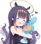  1girl :d ^_^ artist_name bangs bare_shoulders black_dress black_hair blush brown_hair closed_eyes commentary crossover deyui dress eyebrows_visible_through_hair gen_3_pokemon gradient_hair halo heart highres hololive hololive_english hug long_hair mudkip multicolored_hair ninomae_ina&#039;nis open_mouth pointy_ears pokemon pokemon_(creature) sidelocks signature simple_background smile tentacles upper_body upper_teeth virtual_youtuber white_background 