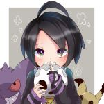  1boy ahoge allister_(pokemon) bangs black_hair blush commentary_request eyebrows_visible_through_hair finger_to_mouth gen_1_pokemon gen_7_pokemon gengar gloves gym_leader hands_up herunia_kokuoji holding holding_mask index_finger_raised long_sleeves looking_at_viewer mask mimikyu pokemon pokemon_(creature) pokemon_(game) pokemon_swsh purple_eyes shirt short_hair single_glove sleeves_past_wrists teeth 