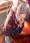  1girl bangs blazer blush bow breasts cardigan crotch_rub desk eyebrows_visible_through_hair fumihiko_(fu_mihi_ko) grey_hair hair_bow hair_ornament hairclip highres higuchi_kaede indoors jacket long_hair masturbation mole mole_under_eye nijisanji open_blazer open_clothes open_jacket open_mouth ponytail purple_eyes pussy_juice school_uniform shirt silver_hair skirt skirt_lift solo standing table table_sex very_long_hair virtual_youtuber white_bow 