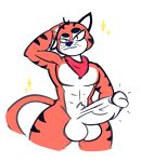  abs anthro balls big_penis erection eyebrows felid feline frosted_flakes genitals hand_behind_head hi_res kellogg&#039;s leofel_barraund male mammal mascot pantherine penis pinup pose scarf smug_face solo thick_eyebrows tiger tony_the_tiger 