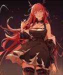  1girl arknights bangs bare_shoulders black_dress breasts brown_background cleavage commentary_request cowboy_shot dress gradient gradient_background hand_up highres horns long_hair long_sleeves looking_at_viewer medium_breasts purple_eyes red_hair short_dress smile solo standing surtr_(arknights) thighhighs very_long_hair xianjiu 