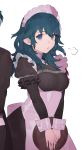  1girl absurdres blue_eyes blue_hair byleth_(fire_emblem) byleth_(fire_emblem)_(female) fire_emblem fire_emblem:_three_houses highres holding long_sleeves maid maid_headdress open_mouth ryein simple_background solo upper_body white_background 