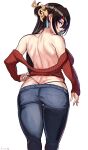  1girl absurdres adjusting_clothes adjusting_panties ass back bare_shoulders beidou_(genshin_impact) blush breasts brown_hair denim earrings eyepatch genshin_impact hair_ornament hair_over_one_eye hairpin half_updo highres jeans jewelry large_breasts long_hair looking_at_viewer looking_back loooyd nail_polish off_shoulder panties pants purple_nails red_eyepatch red_eyes smile thighs thong underwear whale_tail 