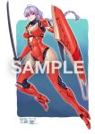  1girl ariel_(mecha) ariel_(novel) breasts commission covered_navel dated holding holding_shield holding_sword holding_weapon looking_at_viewer mecha_musume medium_breasts michi_kuso personification red_eyes sample shield skeb_commission solo sword watermark weapon white_hair 