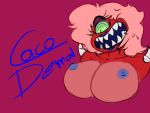  1_eye big_breasts blue_lipstick blue_nipples breasts cacodemon_(doom) demon doom_(series) female hair hi_res humanoid id_software lipstick makeup nipples o_n3il pinkhair red_body red_skin sharp_teeth short_hair smile solo spikes spikes_(anatomy) teeth text toony video_games 