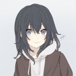  1girl bangs black_eyes black_hair facial_mark fu_ku1_437 hair_between_eyes hood hoodie izawa_shizue jacket long_hair looking_at_viewer signature simple_background smile solo tensei_shitara_slime_datta_ken 