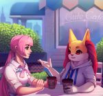  2020 anthro beverage blue_eyes braixen breasts building cafe chair clothing drinking_straw duo fan_character female fur furniture hair hi_res holding_object hoodie human inner_ear_fluff long_hair mammal megurine_luka nintendo open_mouth outside pink_hair plant pok&eacute;mon pok&eacute;mon_(species) ponytail red_eyes red_nose rolled_up_sleeves seraphine_(roflfox) shrub sitting smile table talking_to_another topwear tuft video_games vocaloid white_body white_fur x-teeth-x yellow_body yellow_fur 