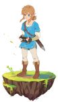  2017 blonde_hair blue_eyes boots breath_of_the_wild clothing ear_piercing ear_ring fingerless_gloves footwear gloves grass hair handwear hi_res holding_object humanoid humanoid_pointy_ears hylian link lulles male nintendo not_furry piercing ponytail rock sheikah_slate signature simple_background solo standing the_legend_of_zelda video_games 