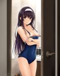  1girl areolae bangs bare_shoulders blue_swimsuit blush breasts breasts_outside closed_mouth collarbone commentary_request covered_nipples cowboy_shot eyelashes glasses hair_between_eyes hairband highres indoors kasumigaoka_utaha large_breasts long_hair looking_at_viewer nipples nonaka_ritsu one-piece_swimsuit purple_hair red_eyes saenai_heroine_no_sodatekata school_swimsuit sidelocks skindentation smile solo standing swimsuit very_long_hair white_hairband 