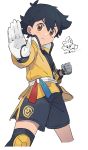  1boy 1paku54 ash_ketchum bangs black_hair black_shorts brown_eyes chibi chibi_inset clenched_hand closed_mouth gen_8_pokemon gloves hands_up highres jacket knee_pads kubfu legendary_pokemon looking_at_viewer master_dojo_uniform pokemon pokemon_(anime) short_hair shorts side_slit side_slit_shorts translation_request v-shaped_eyebrows white_background white_gloves yellow_jacket zipper_pull_tab 