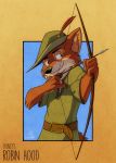  2020 4_fingers anthro arrow black_nose bow_(weapon) canid canine clothed clothing digital_media_(artwork) disney english_text fingers fox fur hat headgear headwear hi_res holding_object holding_weapon katnay male mammal ranged_weapon robin_hood robin_hood_(disney) simple_background solo text weapon 