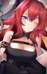  1girl arknights armband bangs bare_shoulders belt black_belt blush breasts character_name commentary hair_between_eyes highres horns long_hair looking_at_viewer medium_breasts one_eye_closed purple_eyes red_hair solo surtr_(arknights) upper_body wakamepiza 