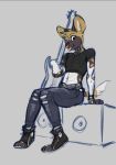  african_wild_dog anthro canid canine clothed clothing digit_ring ear_piercing eyebrow_piercing facial_piercing girly guitar hi_res jewelry lull_(skully) male mammal musical_instrument navel navel_piercing nose_piercing nose_ring piercing plucked_string_instrument punk ring skully solo string_instrument toe_ring 