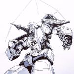  1boy autobot clenched_hands ink_(medium) looking_to_the_side mecha mirage_(transformers) monochrome no_humans open_hand reece_b_scott shoulder_cannon solo traditional_media transformers 