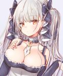  1girl azur_lane bangs baram bare_shoulders between_breasts black_dress breasts cleavage clip_studio_paint_(medium) closed_mouth collarbone commentary_request detached_collar dress dutch_angle eyebrows_visible_through_hair formidable_(azur_lane) frilled_dress frills hair_between_eyes hair_ribbon hand_in_hair hand_on_own_chest head_tilt highres large_breasts long_hair looking_at_viewer red_eyes ribbon silver_hair twintails two-tone_ribbon upper_body white_background 