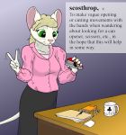  &clubs; 2020 anthro blonde_hair book clothed clothing cup cybercorn_entropic cynthia_boggs definition desk english_text female file_folder fully_clothed fur furniture green_eyes hair keyring keys letter_opener mammal mouse murid murine paper purple_background rodent simple_background solo stapler suit_symbol text the_meaning_of_liff whiskers white_body white_fur 
