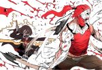  1boy 1girl axe beard belt black_coat blood brown_hair character_request coat collared_shirt facial_hair girls_frontline god_of_war highres holding holding_weapon kratos muscle necktie open_clothes open_coat open_mouth pants pleated_skirt red_hair red_neckwear red_shirt shirt skirt ssambatea twintails weapon white_shirt yellow_eyes 