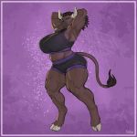  1:1 absurd_res anthro big_breasts bottomwear bovid bovine bra breasts clothing digitigrade female greasymojo hi_res hooves horn huge_breasts mammal muscular muscular_anthro muscular_female nihea_avarta shorts solo sports_bra tail_tuft thick_thighs tuft underwear wide_hips 