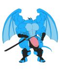  2016 5_fingers 5_toes anthro armor balls big_balls big_bulge big_muscles big_penis blue_body bulge clothing dragon fingers genitals hi_res horn huge_balls huge_bulge huge_muscles huge_penis humanoid_genitalia humanoid_penis hyper hyper_balls hyper_bulge hyper_genitalia hyper_muscles hyper_penis looking_at_viewer male melee_weapon muscular muscular_anthro muscular_male navel penis pink_penis plantigrade sachiel_666 simple_background solo standing sword toes underwear vein veiny_penis weapon white_background wings 